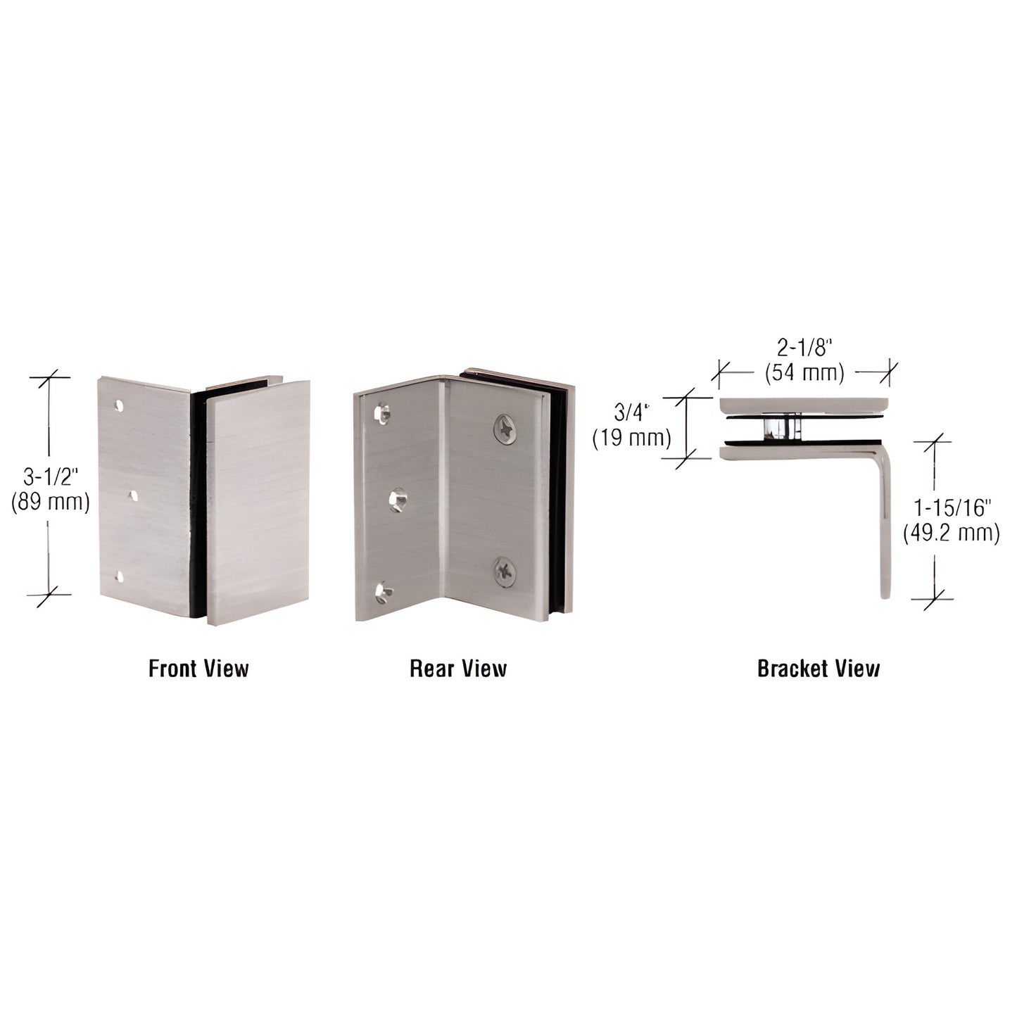 GE90SBN brushed nickel solid-brass square-corner wall-mount glass bracket for 8-12mm glass, front/rear views.