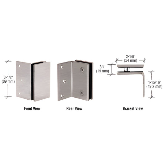 GE90SBN brushed nickel solid-brass square-corner wall-mount glass bracket for 8-12mm glass, front/rear views.