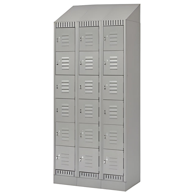 6 Tier Lockerettes with Slope Top and Recessed Base, Bank of 3, 36"x 18"x 86", Grey