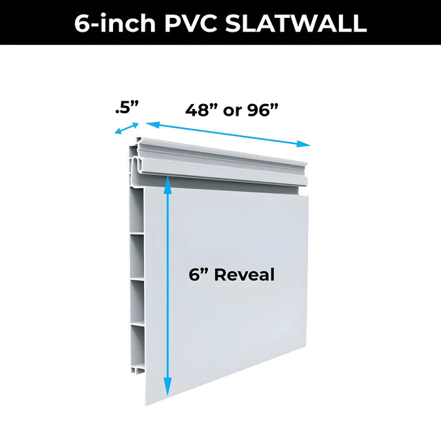 PVC Slatwall Panel Kit – 8 ft, 32 sq ft | Comtrad, PVC slatwall panel kit for wall-mounted storage and organization - SPK-6-8-1P-CHA-8