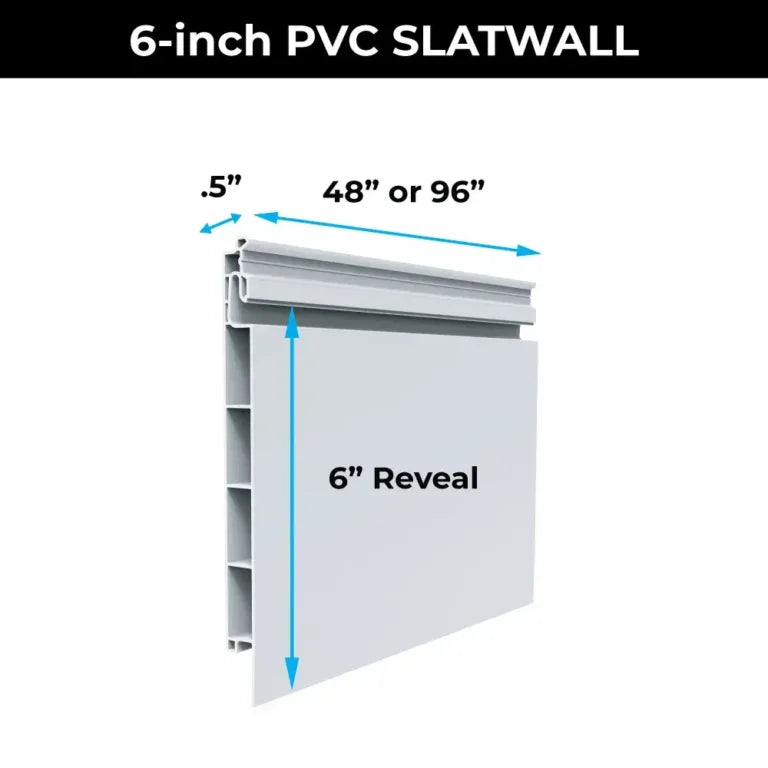 PVC Slatwall Panel Kit – 8 ft, 32 sq ft | Comtrad - PVC slatwall panel kit for wall-mounted storage and organization - SPK-6-8-1P-CHA-8