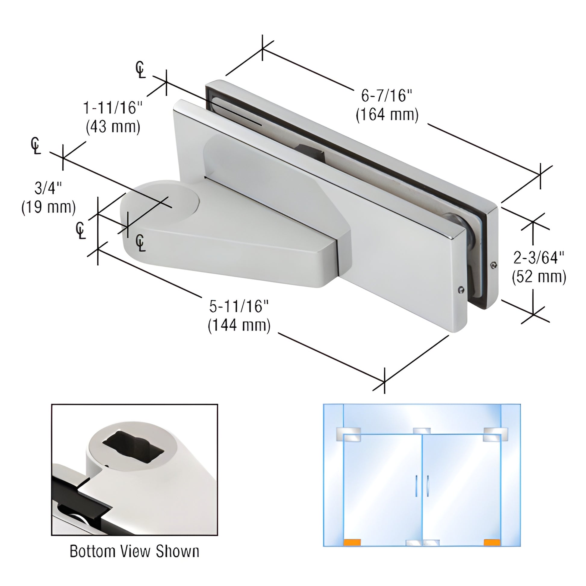 CRL 0PF10RPS polished stainless steel bottom offset patch fitting for 3/8-1/2" glass, 180 swing, dimensional diagram