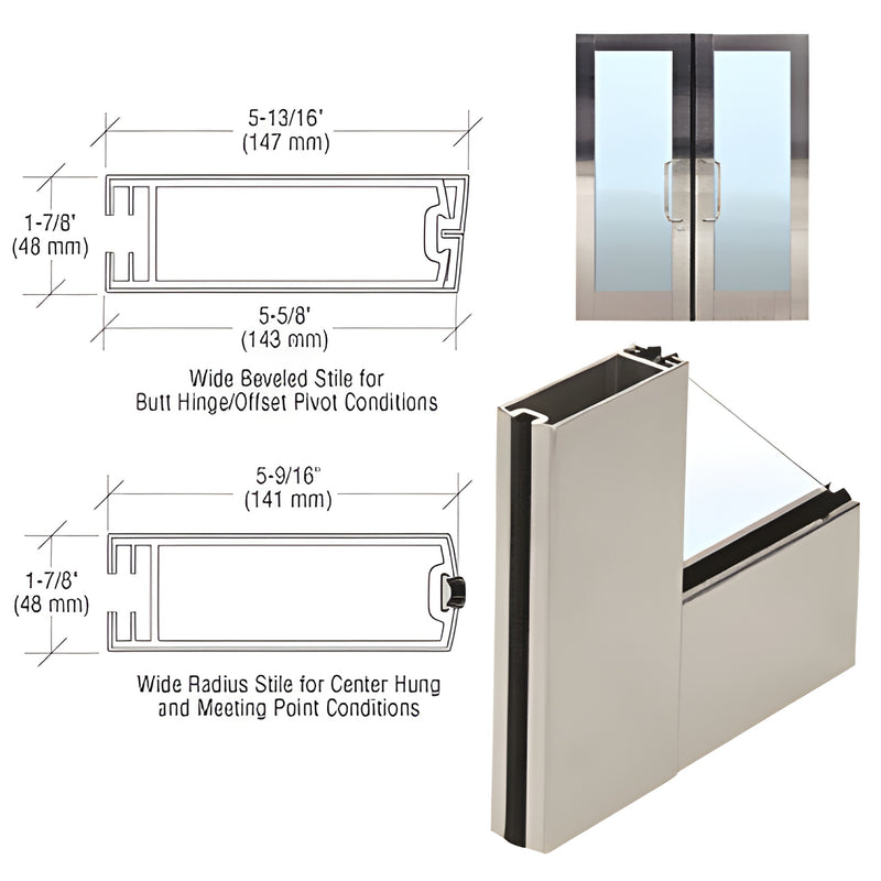Brushed stainless full-framed aluminum door stile/profile with glass inset and CAD drawings - SKU FFW1BS