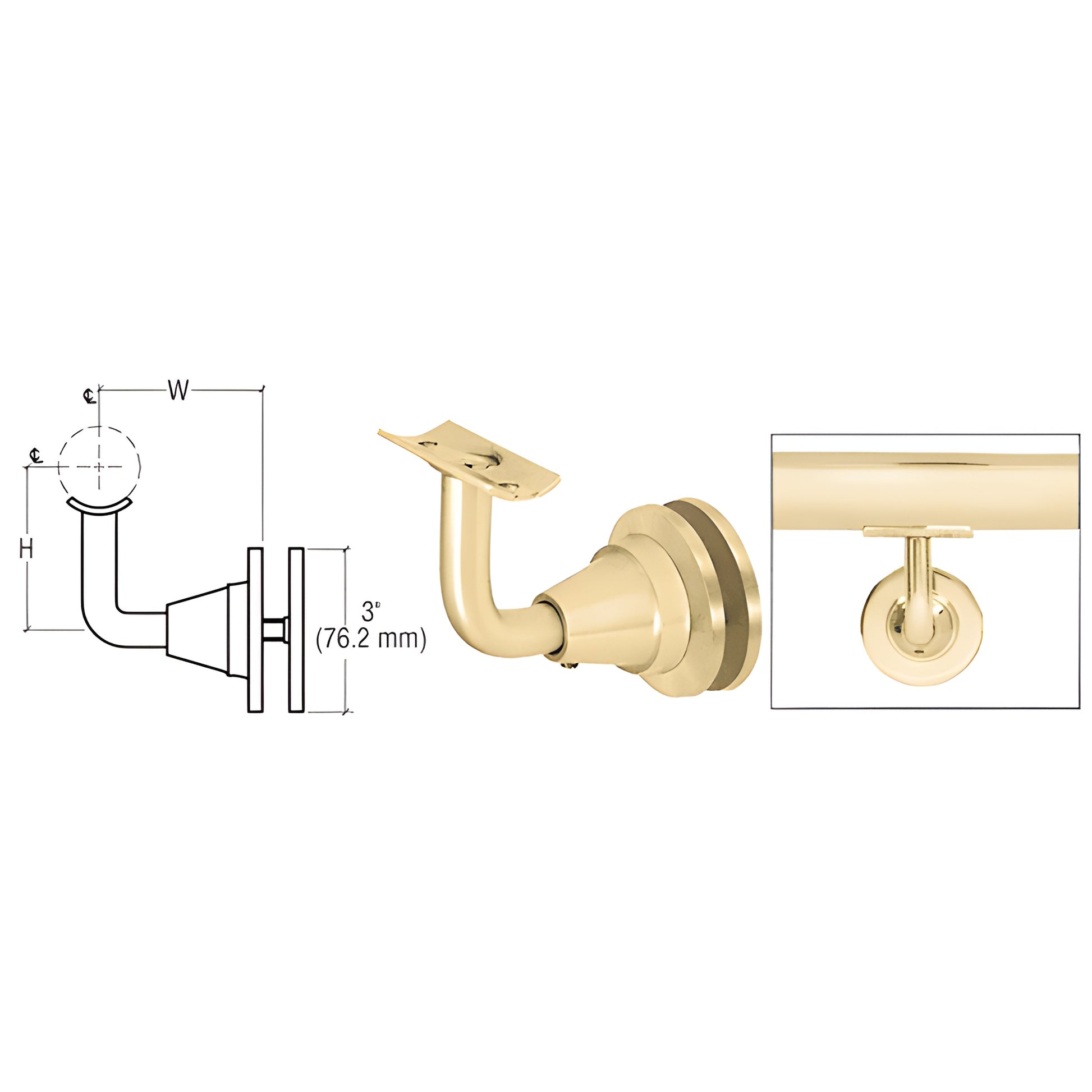 HR2DGPB polished brass glass-mounted adjustable handrail bracket for 11 2-2 tubing, includes mounting disc and screws.