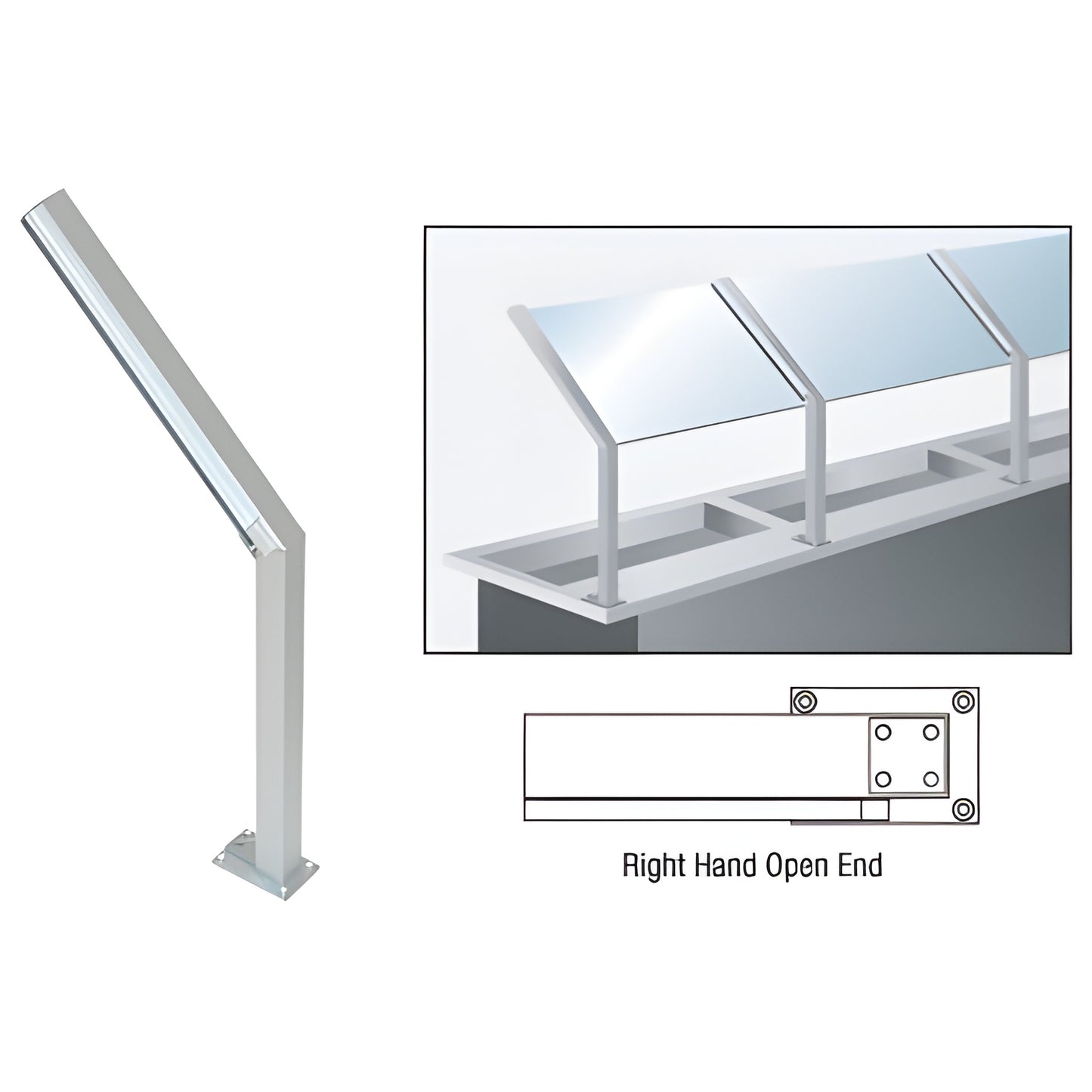 Aluminum right-hand slant sneeze guard post, satin anodized, 14" tall for 1/4" glazing (SKU D999ARH0E)