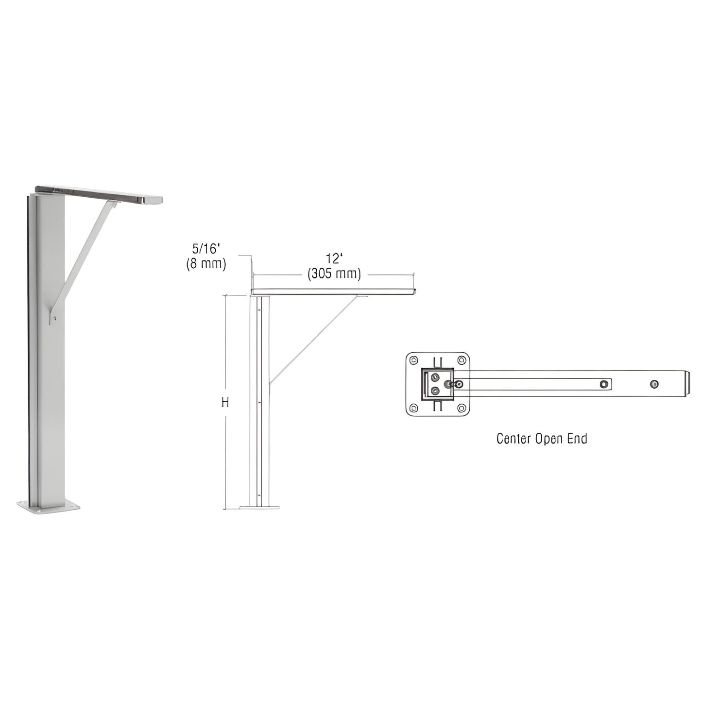 24" Plaza Series stainless square post with 12" top shelf, U-channel for 1/4" glass (center open end)