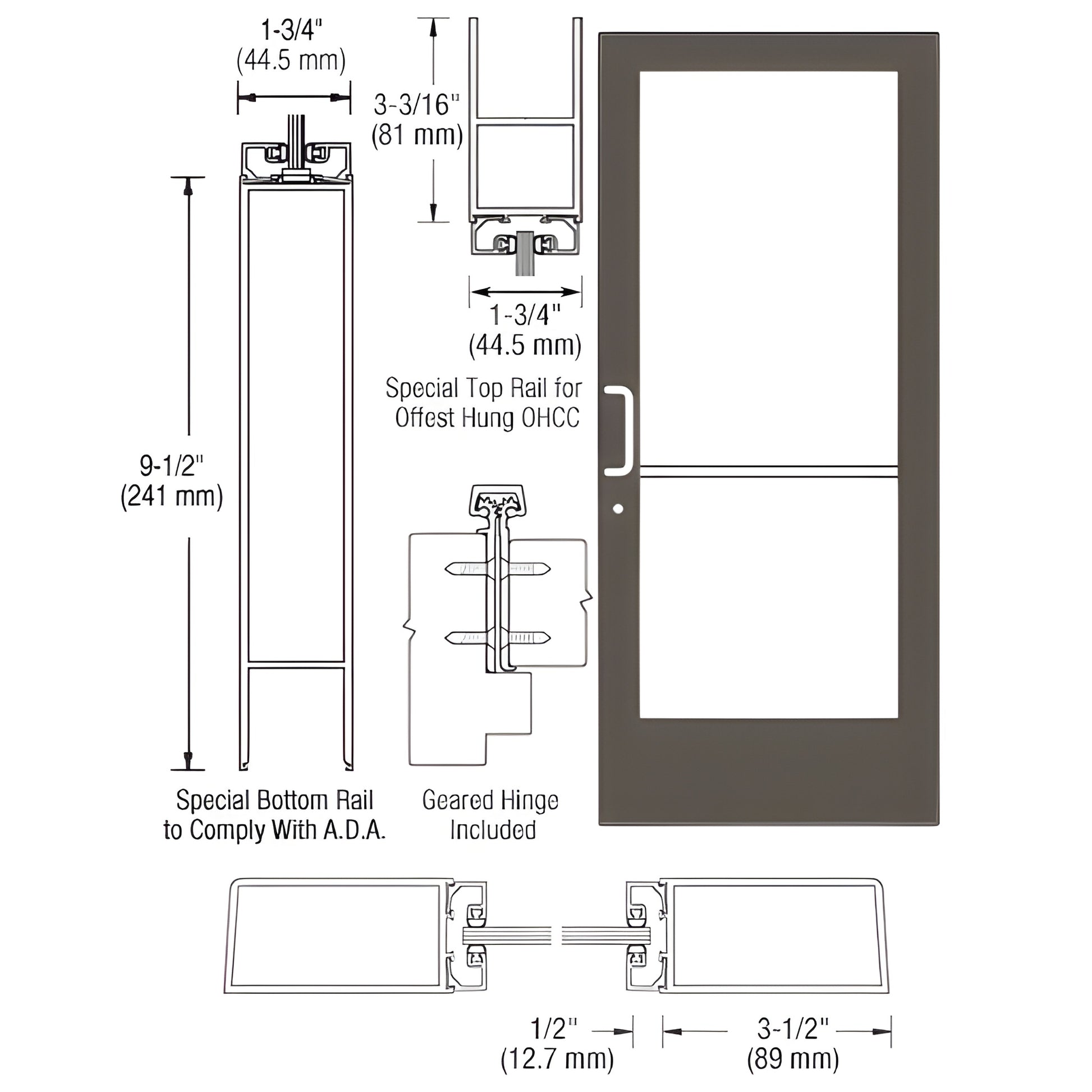 CD41922 CRL medium-stile commercial entrance door, black bronze anodized, 3-1/2" stiles, 9-1/2" ADA bottom rail, glass-ready.