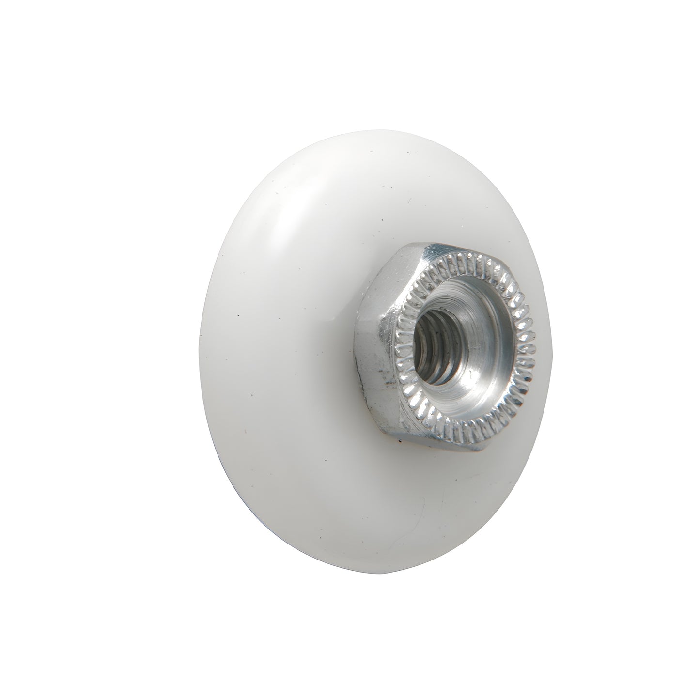 White 7/8 in. nylon oval-edge shower door roller with threaded hex hub, replacement SKU M6002L - sold in packs of 50.