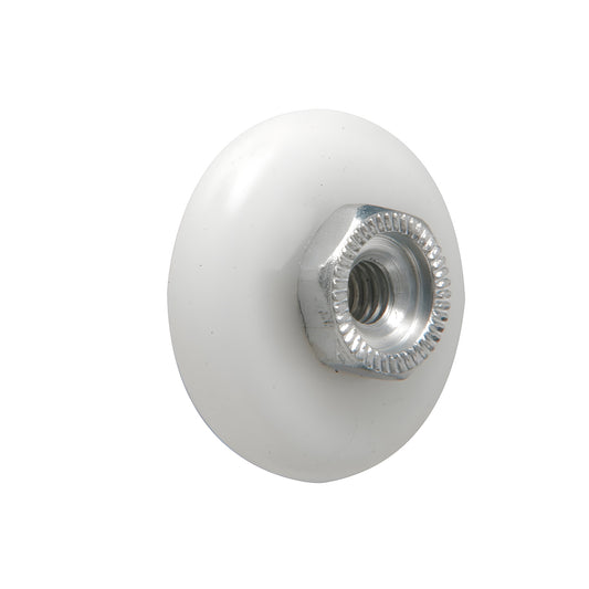 White 7/8 in. nylon oval-edge shower door roller with threaded hex hub, replacement SKU M6002L - sold in packs of 50.