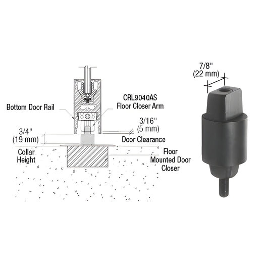 CRL9040S18 flat tapered aluminum spindle for floor-mounted door closers, 3/4" collar height, 7/8" top.