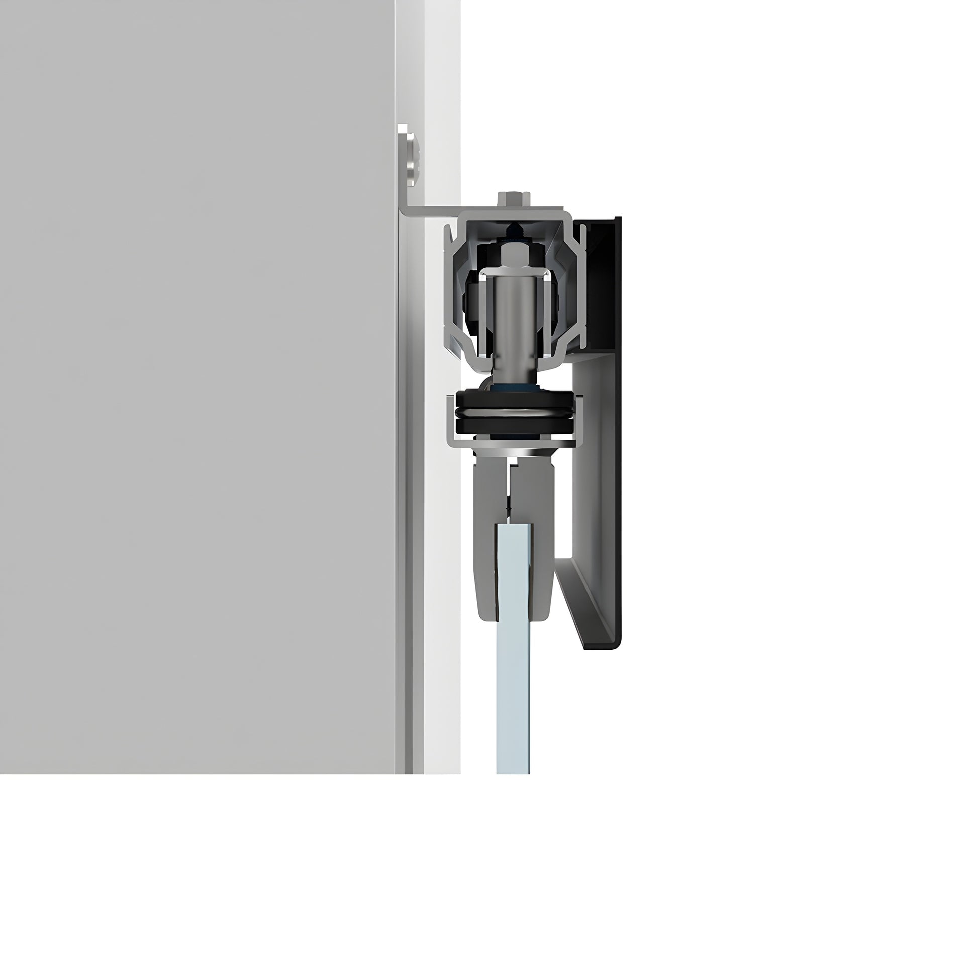 CRL70S2MBL matte black top-hung sliding glass door track with dual bi-parting tempered glass panels