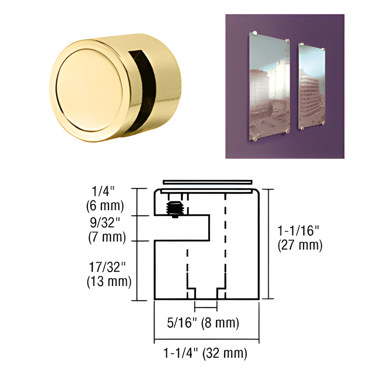 Polished brass edge grip (EG14BR), 1-1/4 in. diameter no-drill clamp for 1/4 in. glass or panels, low-profile standoff.
