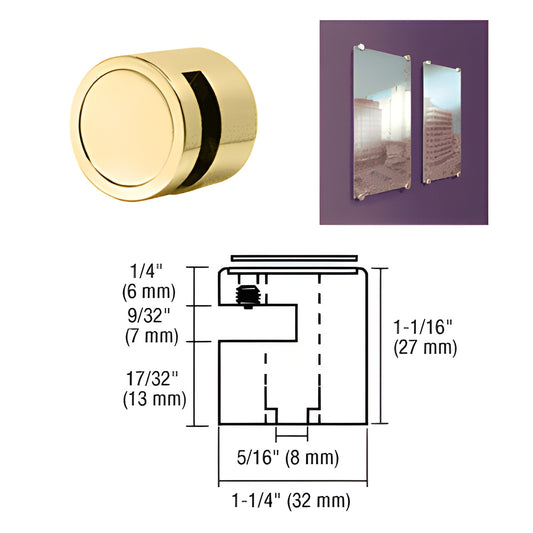 Polished brass edge grip (EG14BR), 1-1/4 in. diameter no-drill clamp for 1/4 in. glass or panels, low-profile standoff.