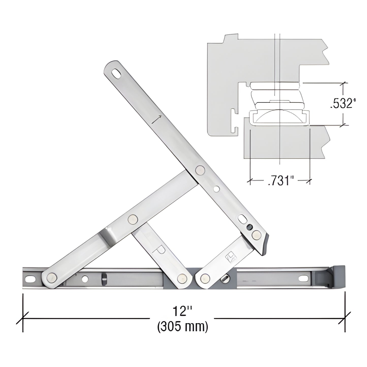 Stainless steel 12" casement friction hinge pair (DSH12), handed left/right, supports 26 lb, diagram.