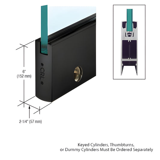 Matte black CRL Wedge-Lock door rail, 6 in. high, fits 1/2 in. (12 mm) glass, includes lock - SKU DR6SMBL12CL