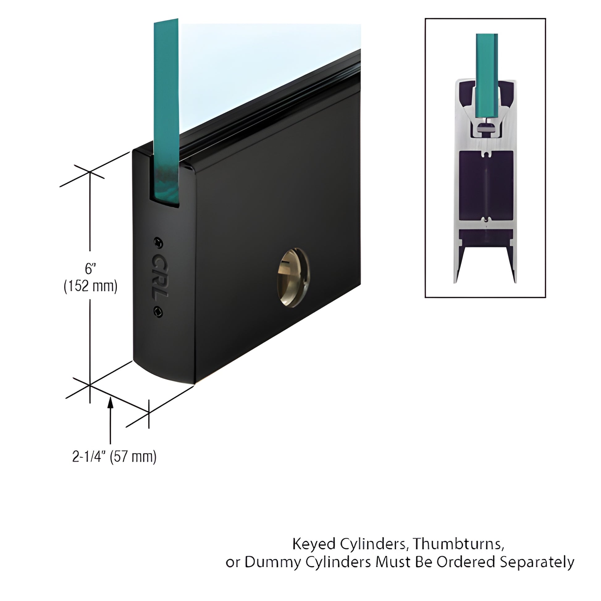 SKU DR6SMBL12SL - Matte black Wedge-Lock door bottom rail for 1/2 in (12 mm) glass, 6 in high, cylinder hole.
