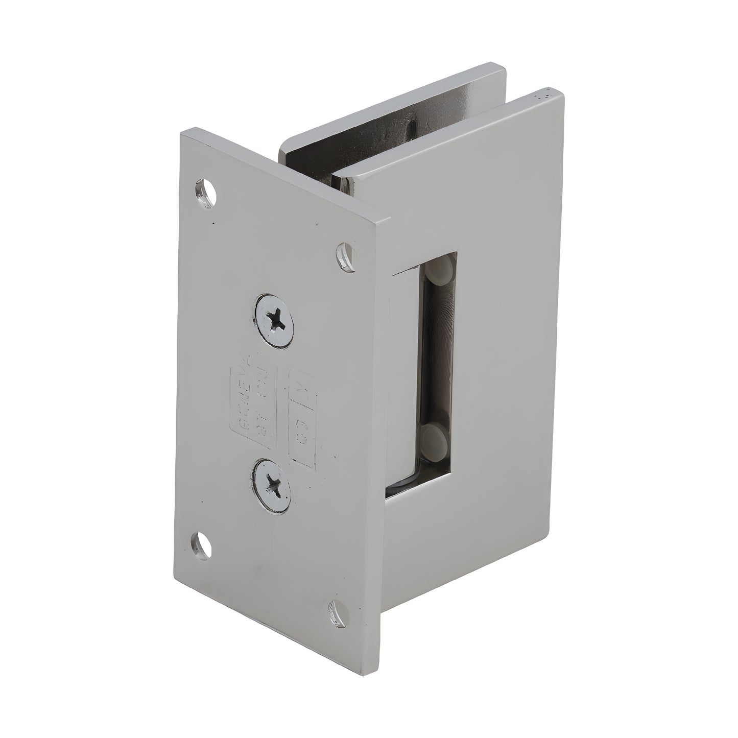 Polished nickel brass shower hinge (GEN037PN) wall-mount full back plate for 8-12mm tempered glass, self-centering.