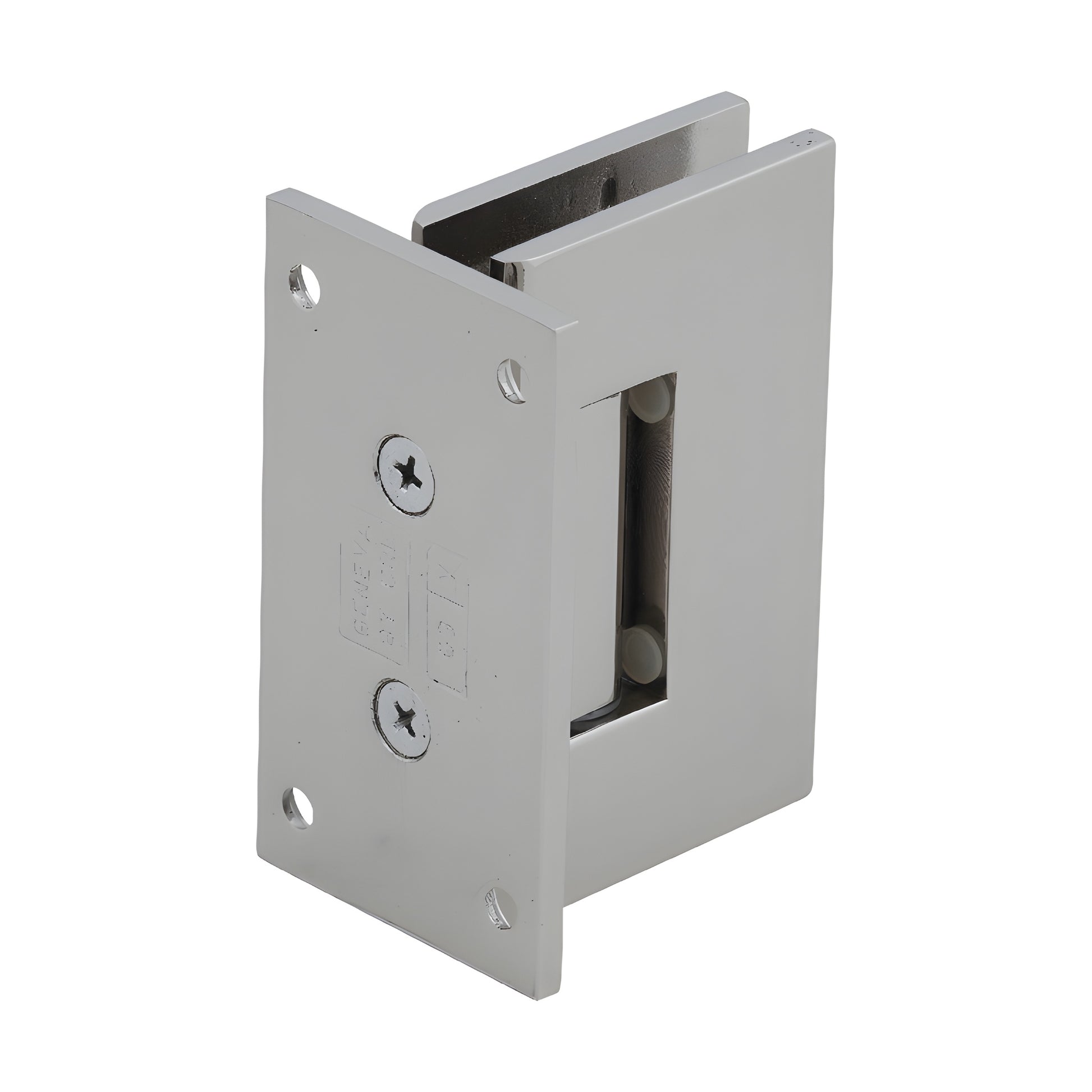 Polished nickel brass shower hinge (GEN037PN) wall-mount full back plate for 8-12mm tempered glass, self-centering.