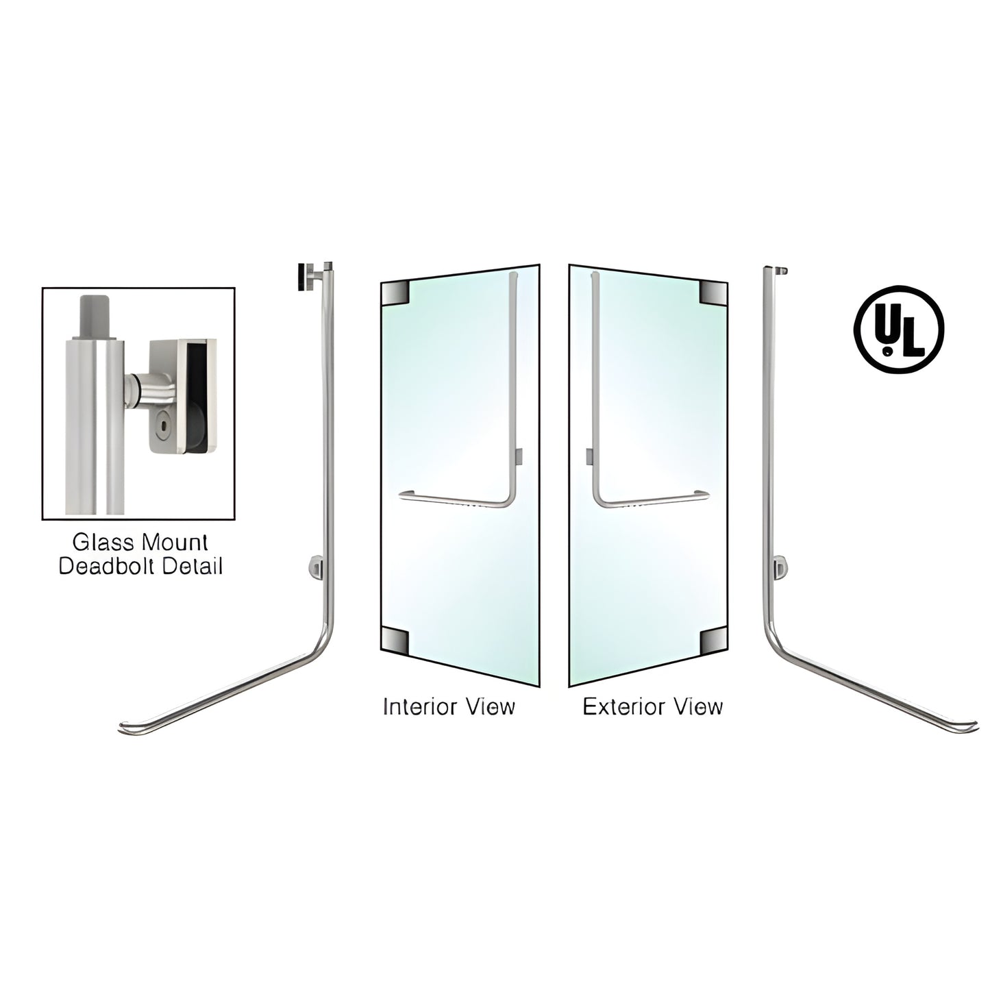 Polished stainless steel deadbolt glass-door pull with concealed vertical tube, right-hand, 1-1/4" diameter SKU DB100D1GKPS