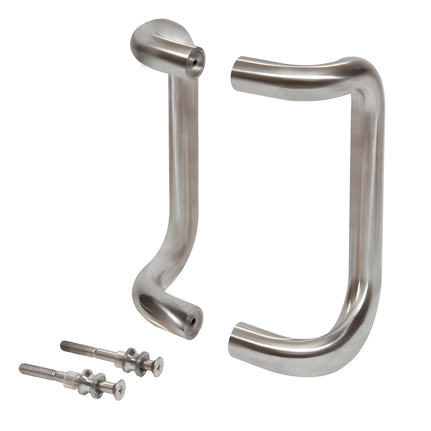 Forged aluminum 1" offset pull handles, brushed stainless finish, back-to-back set with mounting hardware (SKU M2174832D)