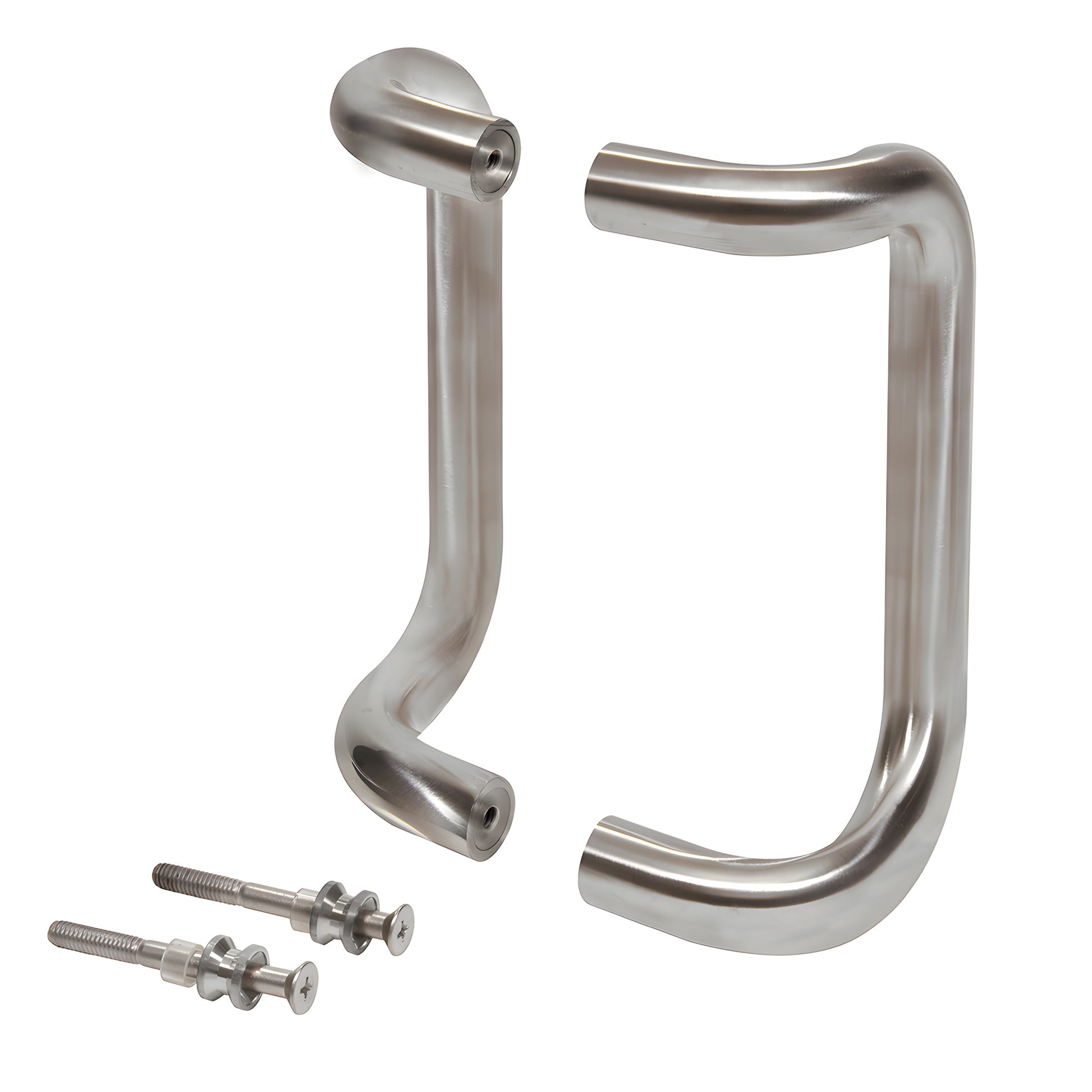 Forged aluminum 1" offset pull handles, brushed stainless finish, back-to-back set with mounting hardware (SKU M2174832D)