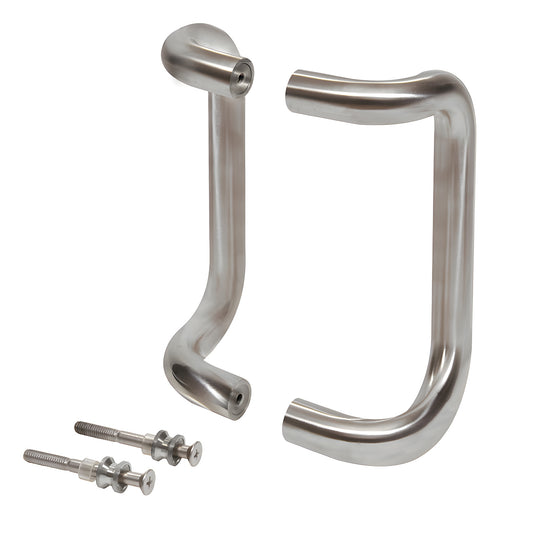 Forged aluminum 1" offset pull handles, brushed stainless finish, back-to-back set with mounting hardware (SKU M2174832D)