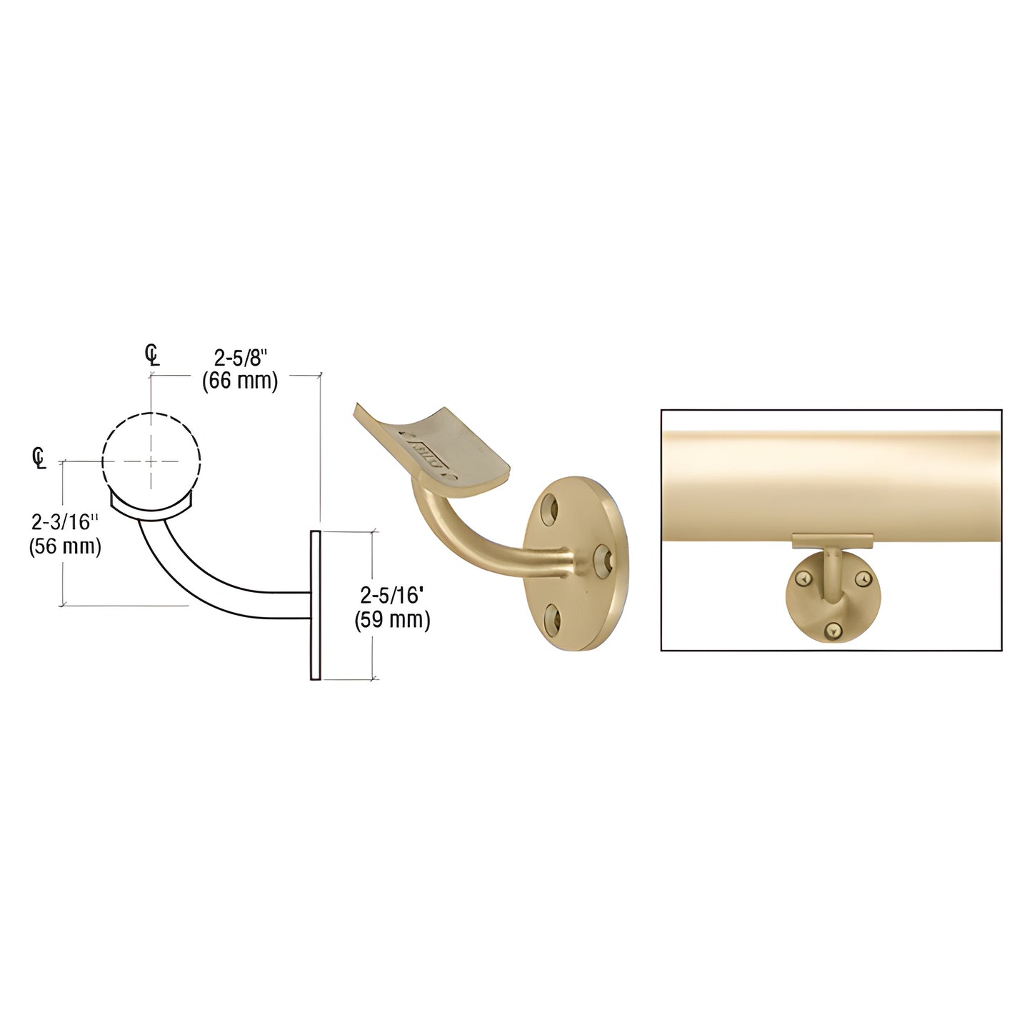HR15B3SB satin brass Del Mar long-arm wall handrail bracket, curved arm fits 1-1/2" and 2" tubing, 2-5/8" projection