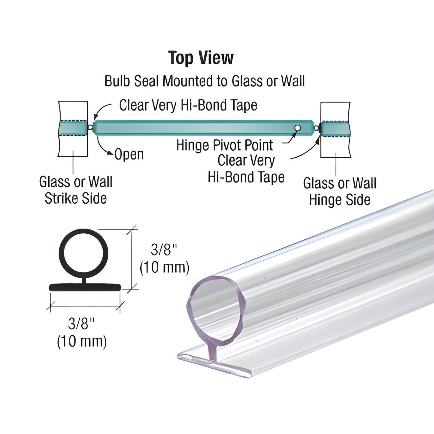 Clear translucent vinyl bulb door seal, 144 in, compressible hinge-side gasket for glass doors fits 3/16 to 3/8 in gaps