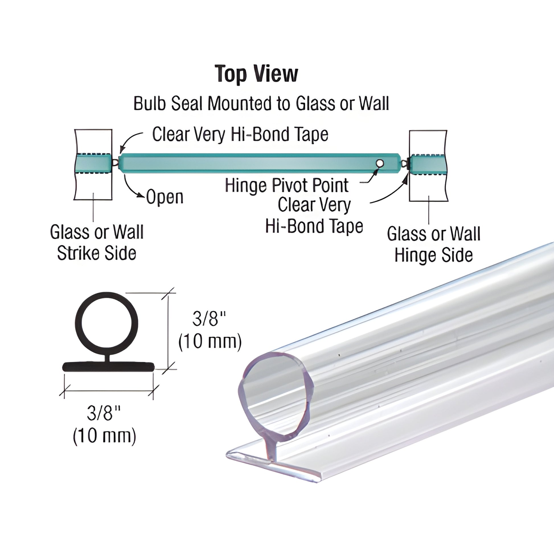 Clear translucent vinyl bulb door seal, 144 in, compressible hinge-side gasket for glass doors fits 3/16 to 3/8 in gaps