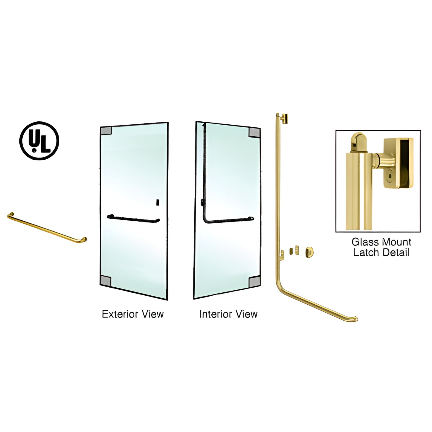 Satin brass tubular panic handle for 1/2" glass doors, 1-1/4" tube, exterior keyed access (SKU PA100A4GKSB)