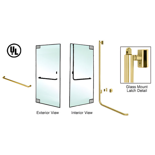 Satin brass tubular panic handle for 1/2" glass doors, 1-1/4" tube, exterior keyed access (SKU PA100A4GKSB)