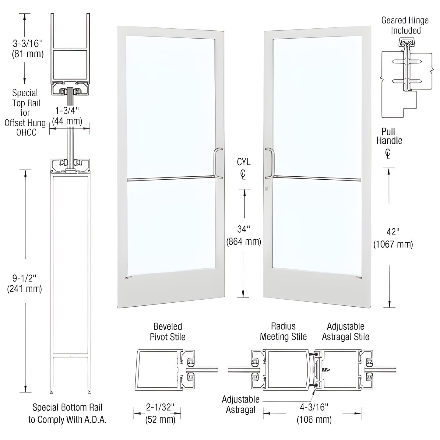 DE22952 white narrow-stile commercial entrance door with tempered glass opening, 9.5 in ADA bottom rail