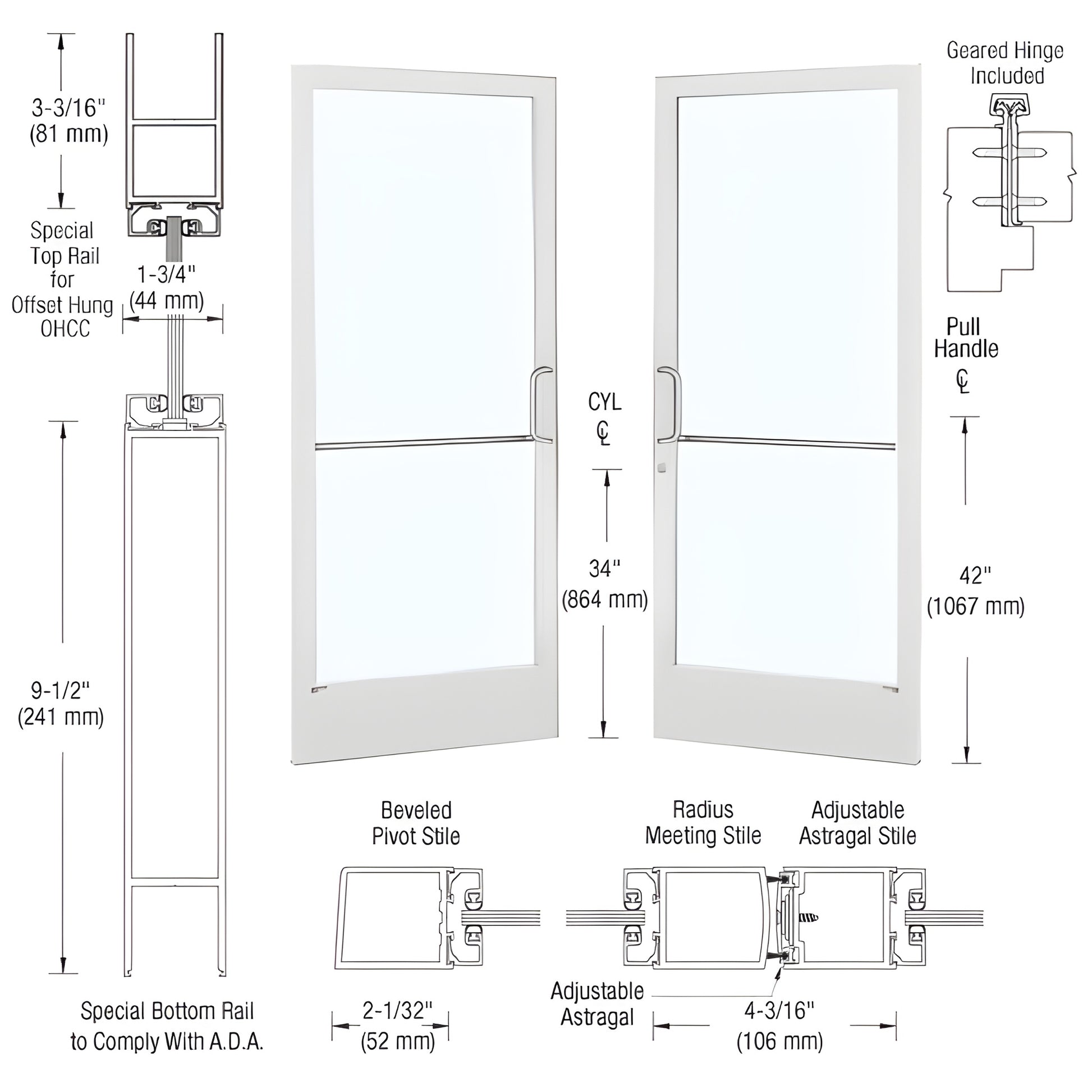 DE22952 white narrow-stile commercial entrance door with tempered glass opening, 9.5 in ADA bottom rail