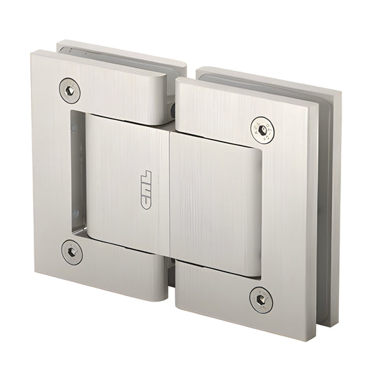 CRL H8215SN satin nickel self-closing glass-to-glass aluminum hinge, 180 swing, fits 8-13.5 mm tempered glass.