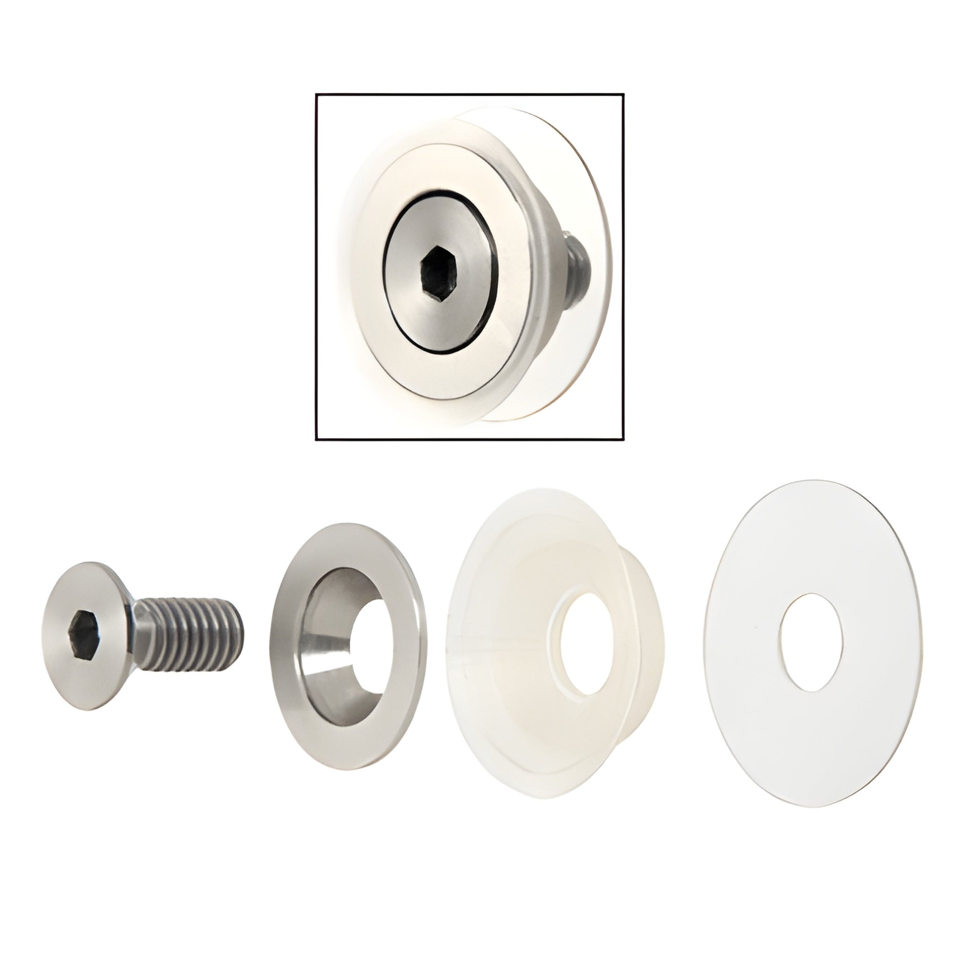 Flush-mount standoff cap assembly (CAPF114BS), brushed stainless steel cap, screw and nylon washers, 1 1/8 dia.