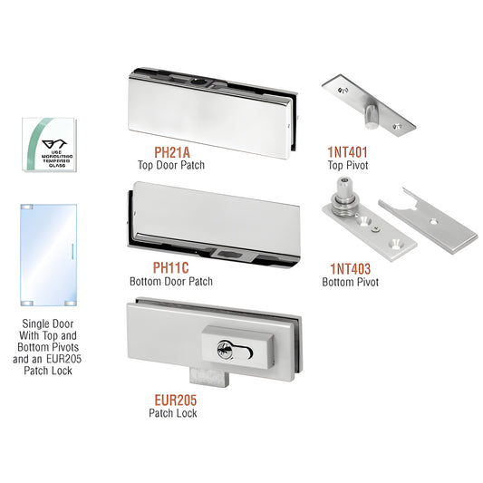 CRL PHE1LBS brushed stainless European patch door kit, top and bottom patches, pivots and optional EUR205 lock for 10/12mm gl