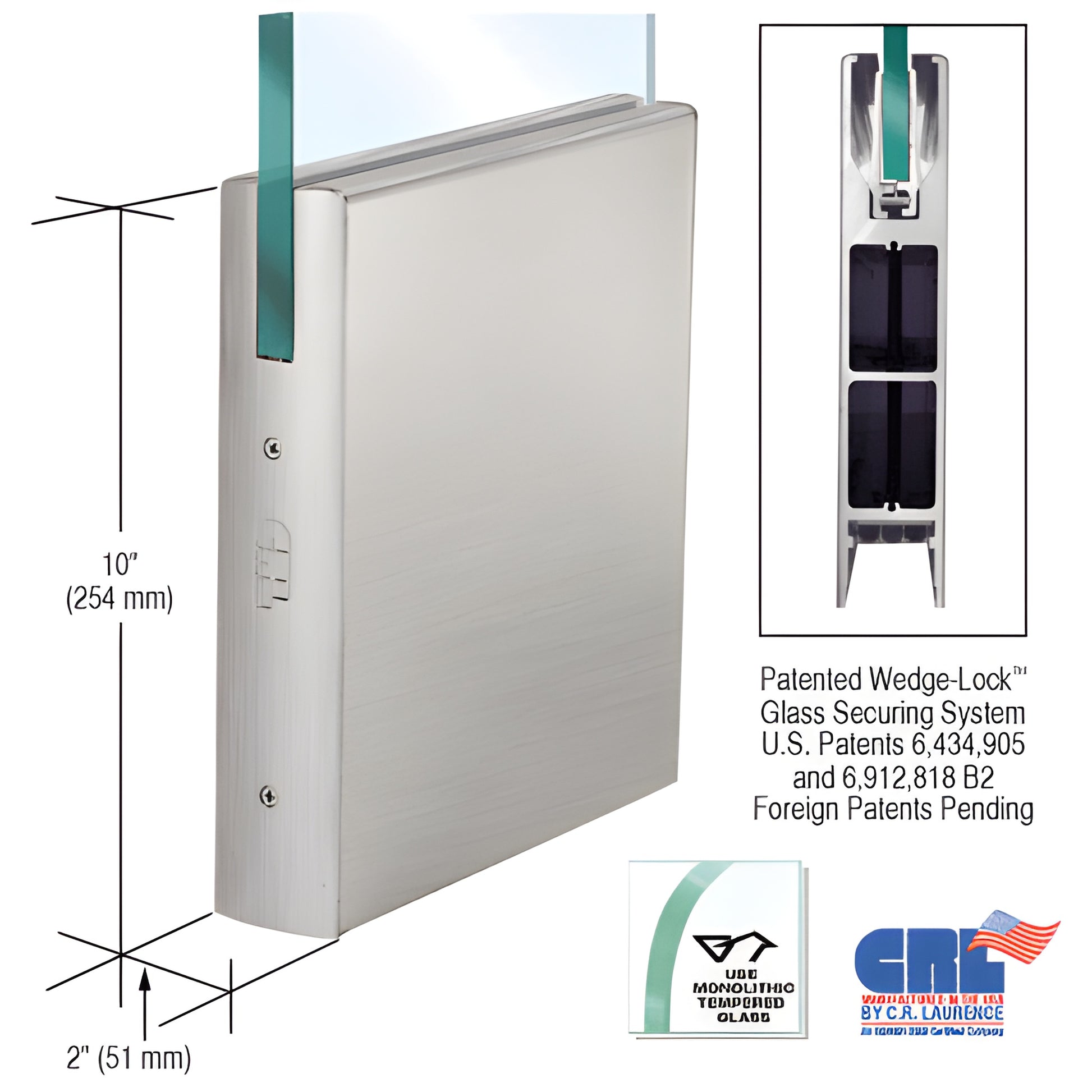 DR10SBS12C brushed stainless steel square door rail, 10" x 2", Wedge-Lock system for 1/2" (12mm) tempered glass