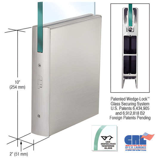 DR10SBS12C brushed stainless steel square door rail, 10" x 2", Wedge-Lock system for 1/2" (12mm) tempered glass