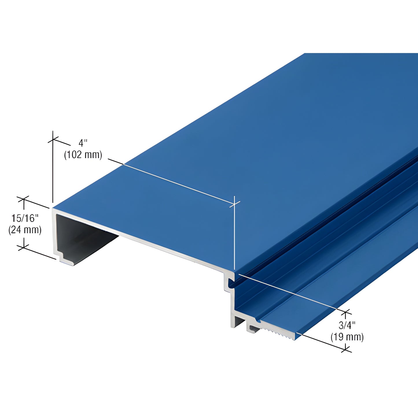 Blue aluminum curtain wall mullion extrusion CW24971 - 4" face, 15/16" depth, 3/4" reveal.
