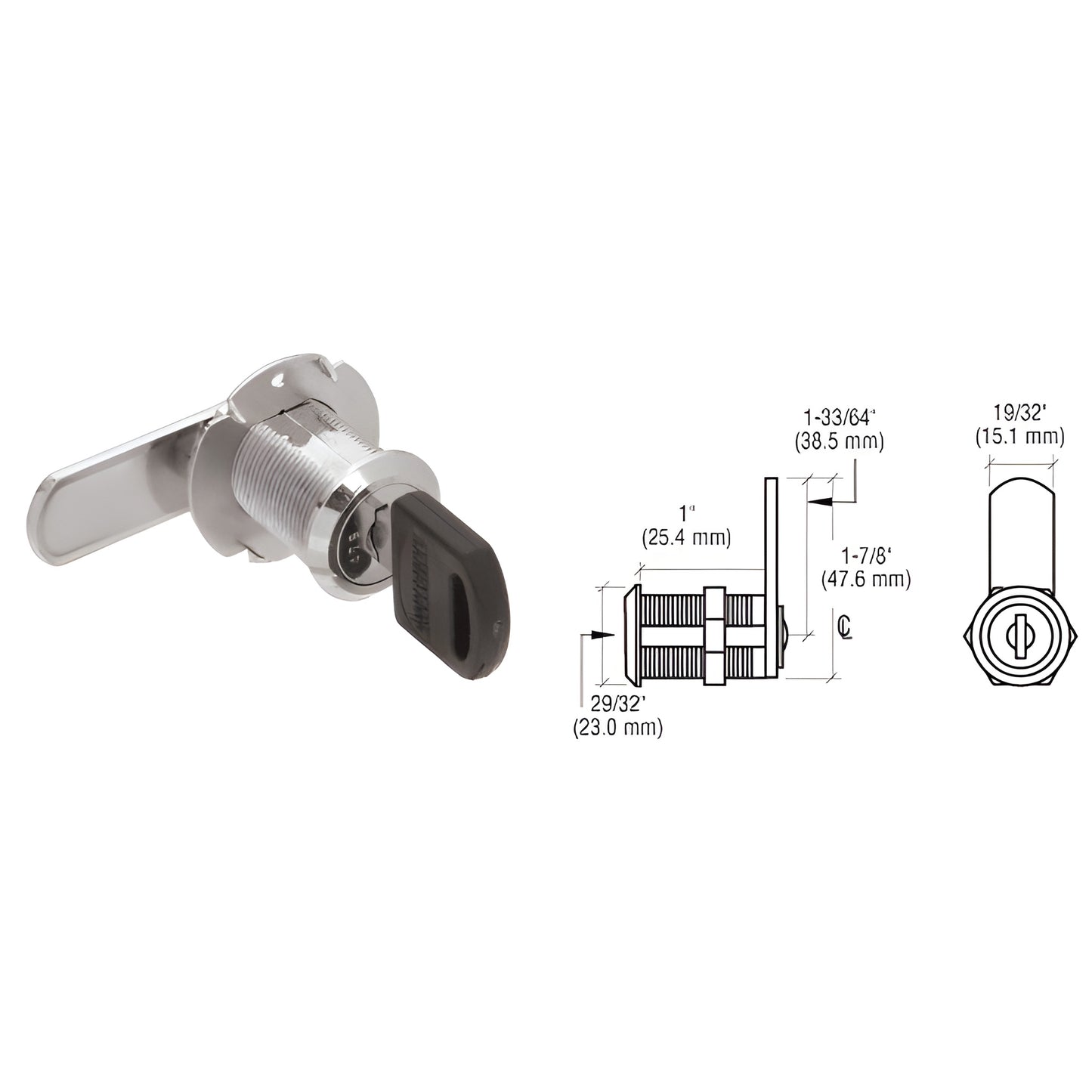 Polished nickel cam lock (SKU LK56) with key and cam, for 3/4" wood/composite doors