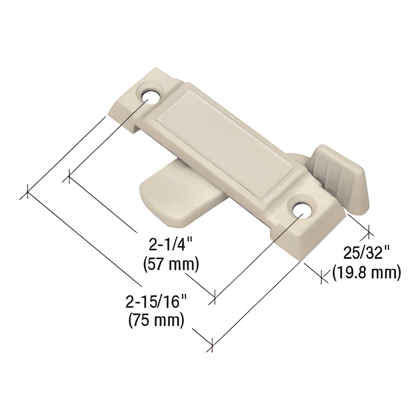 Tan CRL F2783 sliding window sash lock, no-keeper; 1/2" latch projection, 2-15/16" length, 2-1/4" mounting centers.