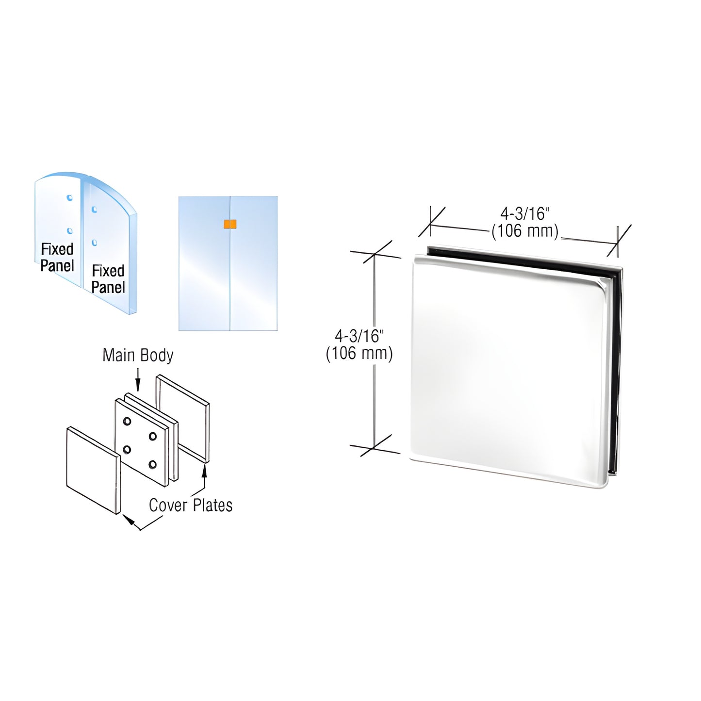 PH80PS polished stainless steel two lite patch connector for 3/8" or 1/2" (10/12mm) glass, 4-3/16" square with cover plates