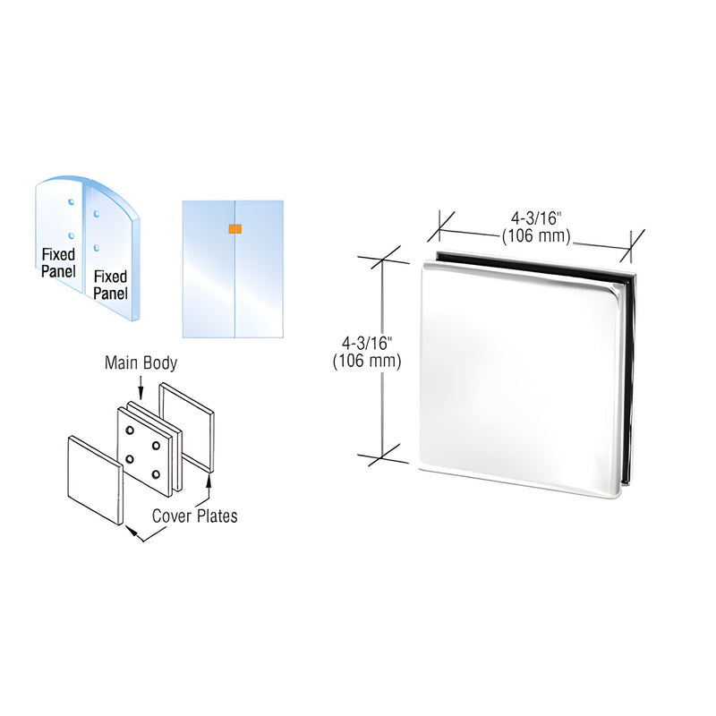 PH80PS polished stainless steel two lite patch connector for 3/8" or 1/2" (10/12mm) glass, 4-3/16" square with cover plates