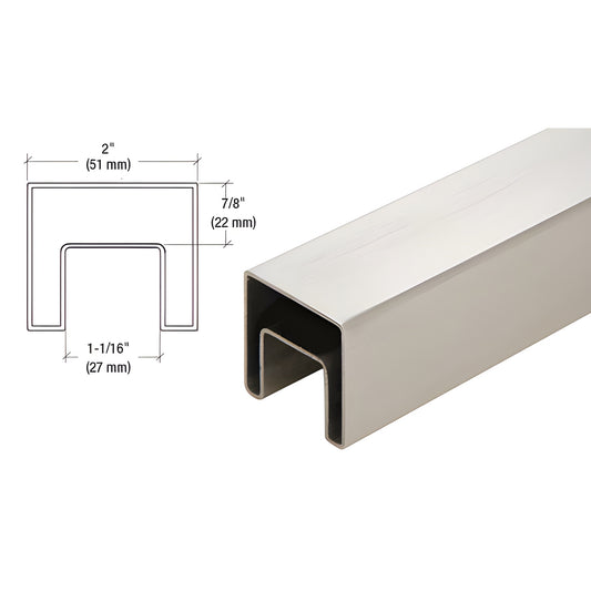SRF20BS brushed stainless 2" square cap rail for glass railing, U-shaped channel visible with dimensioned profile.
