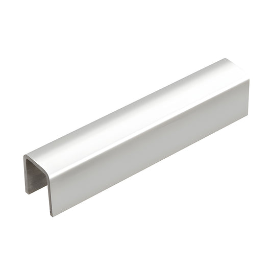 Polished stainless steel low-profile U-shaped cap rail (GRL10PS) for 1/2" or 5/8" glass guardrails
