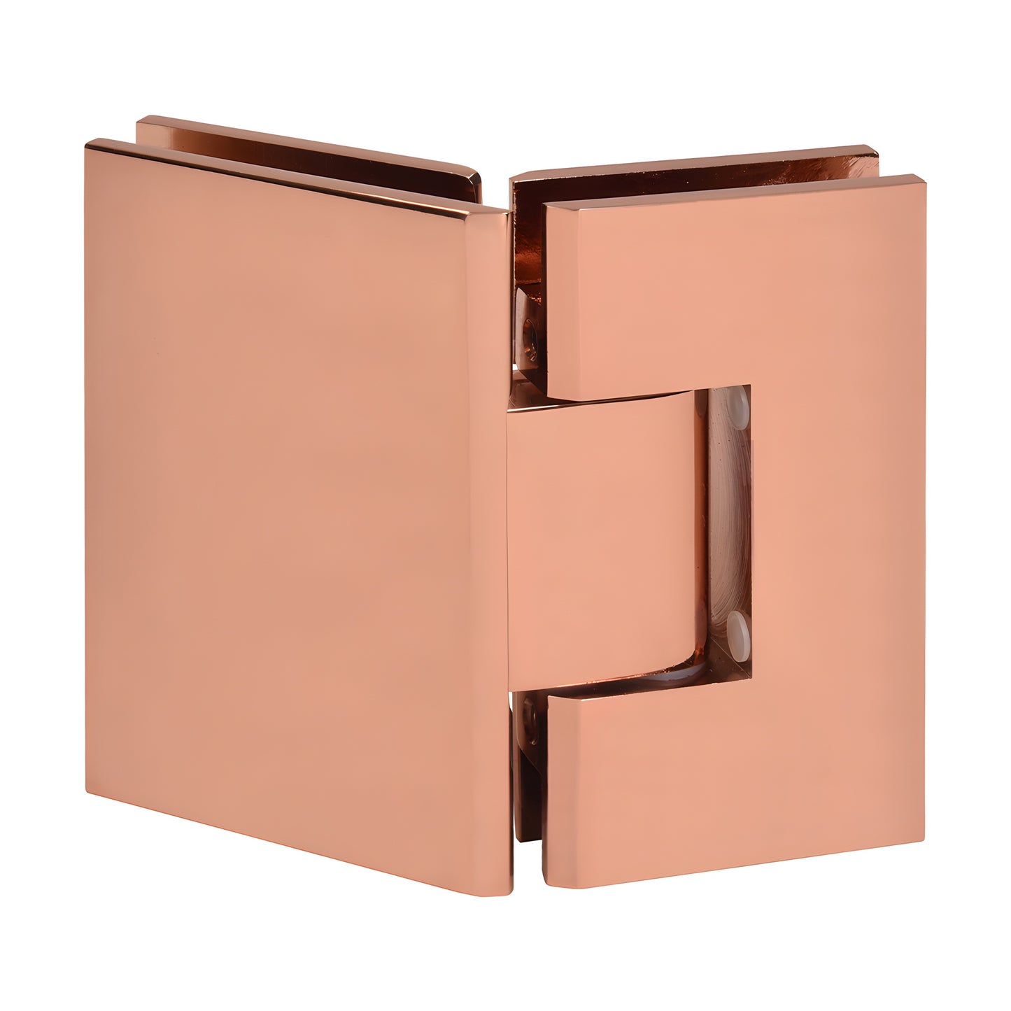 Rose gold brass glass-to-glass shower hinge (SKU V1E045RG), square-edge 135 pivot, fits 3/8-1/2 (10-12mm) glass.