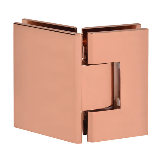 Rose gold brass glass-to-glass shower hinge (SKU V1E045RG), square-edge 135 pivot, fits 3/8-1/2 (10-12mm) glass.
