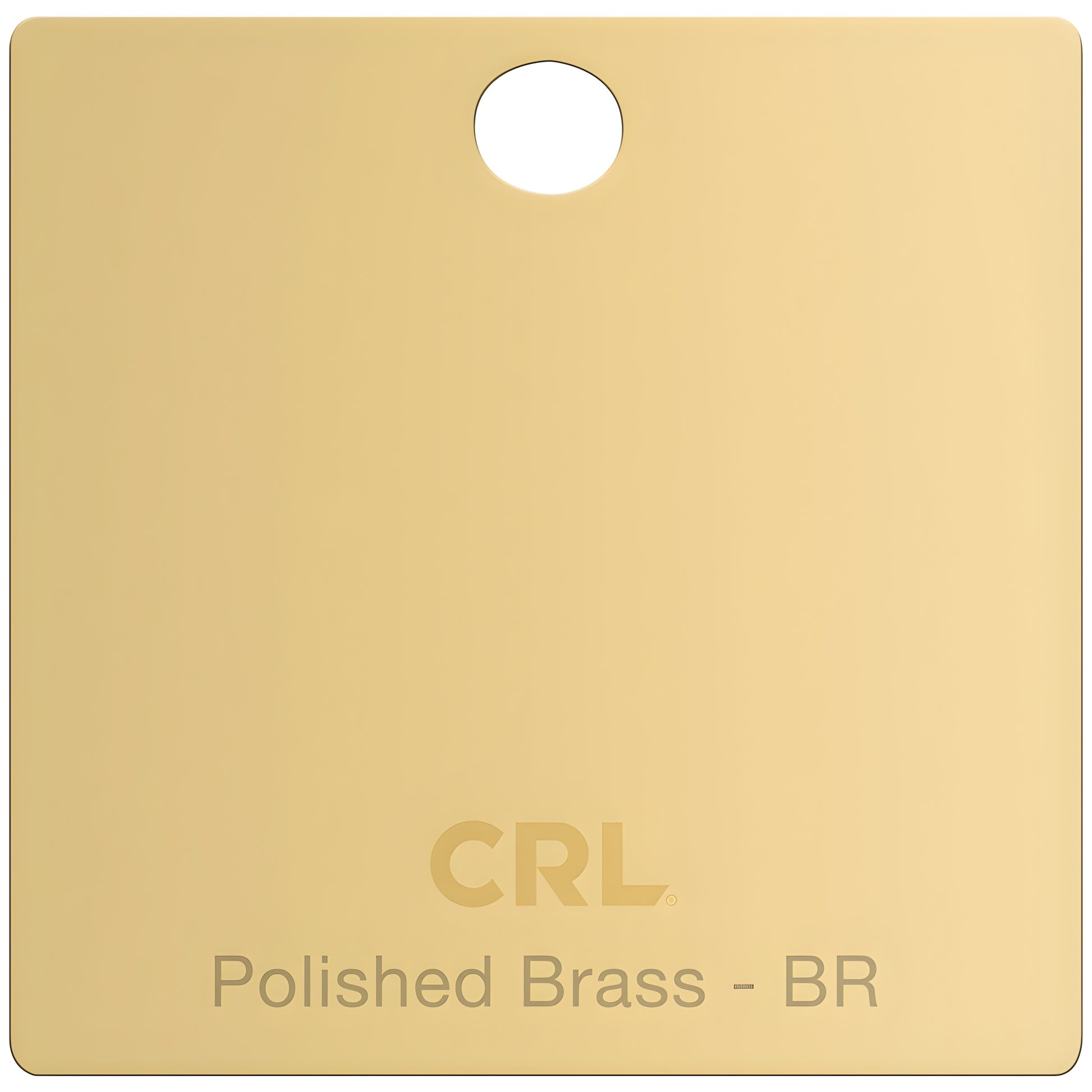 Polished brass finish sample chip CRL CH2PBR - square with top hole, engraved "Polished Brass - BR".