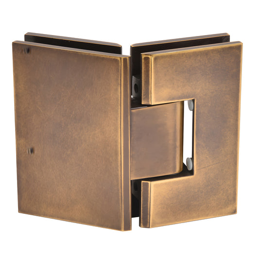 Vintage brass square-profile glass-to-glass shower hinge (Vienna), 135 , fits 3/8-1/2" glass - SKU V1E045VBR