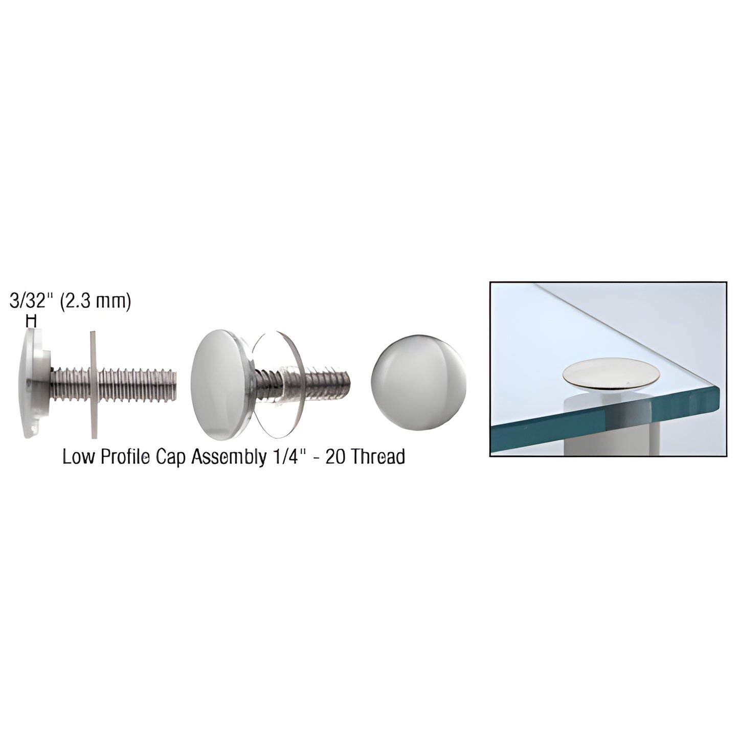LPC34PS polished 3/4" 316 stainless low-profile standoff cap assembly with screw and washer, shown mounted on glass